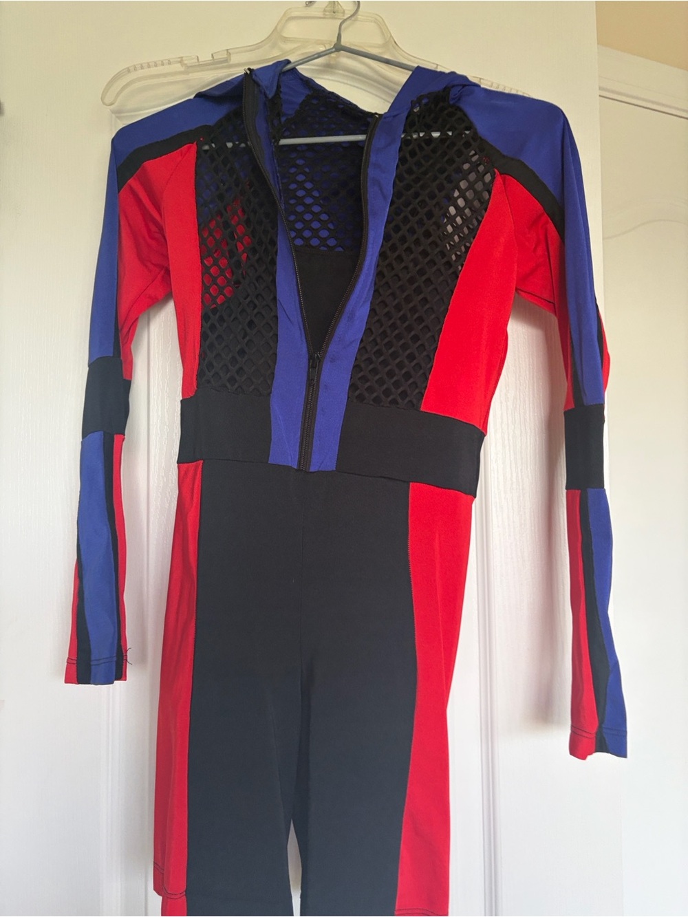 Colorblock Mesh Zip Front Romper Dance Costume hip hop jazz - Red, Black & Blue